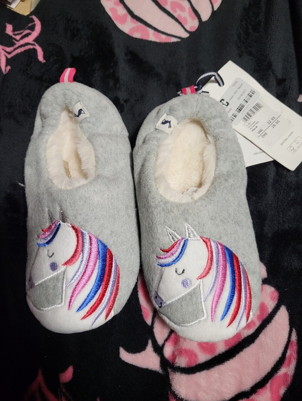 Gray Unicorn Fuzzy Lined Slippers Girls M 13/1